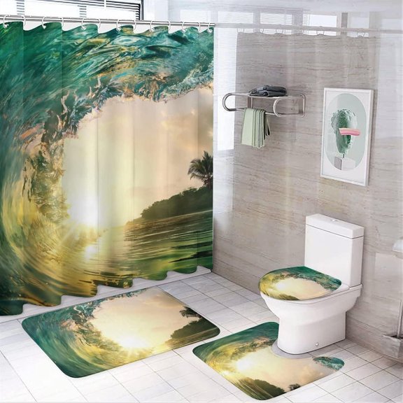 Beach Sunset 4Pcs Shower Curtain Sets with Non-Slip Rugs, Toilet Lid Cover and Bath Mat, Natural Landscape Bathroom Set of 4 with Waterproof Bathroom Decor Sets with Curtain and Bath Mat, 12 Hooks