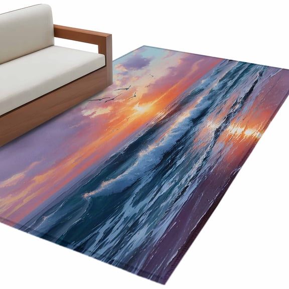 Beach Sunset Area Rug 3x5 Washable Rug Non Slip Summer Sea Waves Pink Cloud Sunset Seagull Large Area Rug Indoor Floor Carpet for Entryway Bedroom Kitchen Living Room Home Office Dining Room Nursery