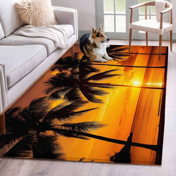 Beach Sunset Area Rug 4x6 Washable Rug Non Slip Ocean Coconut Orange Coastline Landscape Large Area Rug Indoor Floor Carpet for Entryway Bedroom Kitchen Living Room Home Office Dining Room Nursery
