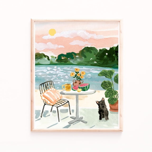 Beach Sunset Art Poster Tropical Scene with Coffee, Watermelon & Dog Poster Art Print Home Decor, Unframed Poster Size 16x24 F03.1.20l520