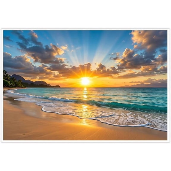 Beach Sunset Canvas Wall Art Ocean Landscape Poster Tropical Seascape Nature Scenery Print Sunbeams over Sea Waves for Living Room Bedroom Home Office Modern Wall