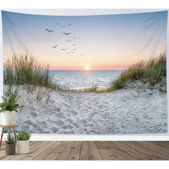 Beach Sunset Coastal Tapestry, Sand Dunes & Seagulls Ocean Wall Hanging, Boho Nature Landscape Art Decor for Bedroom Living Room Dorm, 60x90Inch