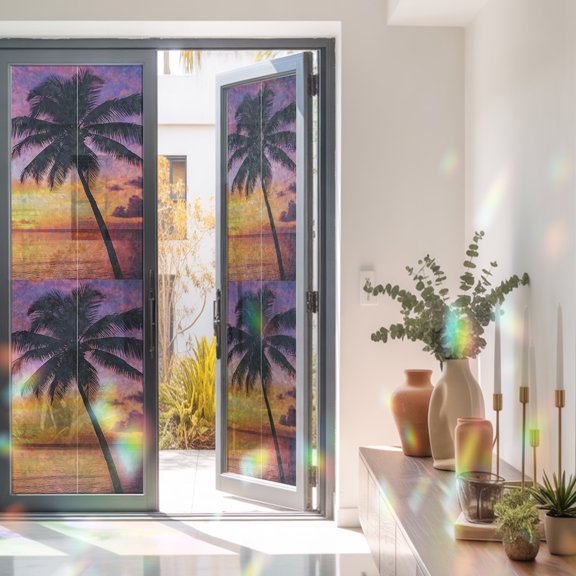 Beach Sunset Coconut Tree Window Privacy Film, Rainbow Film Decorative Window Sticker 23.6x78.7in, Summer Ocean Scenery Sun Blocking Static Stained Glass Cling Tint Non-Adhesive