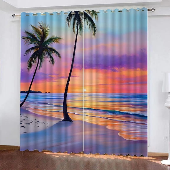 Beach Sunset Darkening Printed Drapes 2 Panels Seaside Palm Trees Dusk Pattern Blackout Curtains Grommet Thermal Insulated Window Curtain for Bedroom Living Room Windows-42"W x 45"L (Pack of 2)