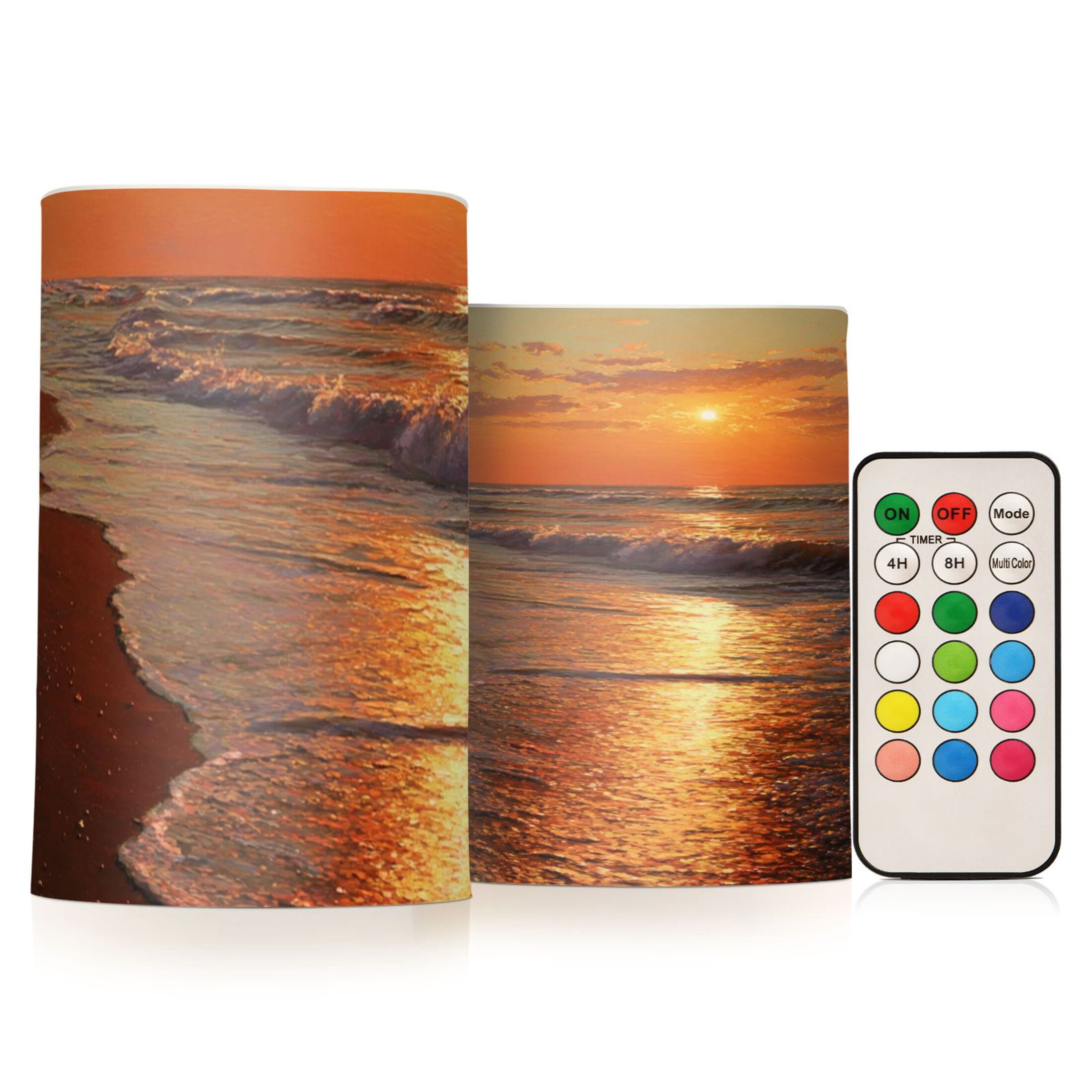 Beach Sunset Flickering Flameless Candles Battery Operated with Remote Timer LED Pillar Candles Set of 2