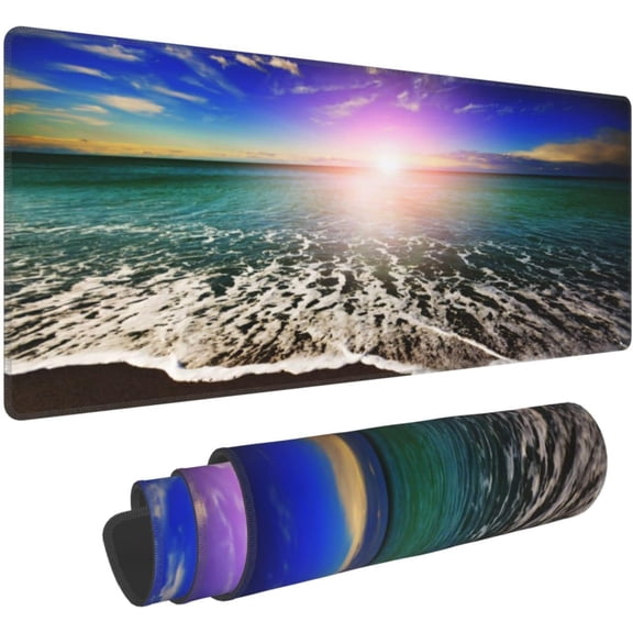 Beach and Sunset Gaming Mouse Pad XXL Large Mousepad 31.5×11.8 Inch Extended Desk Mat Protector Cute Desk Decor with Stitched Edges Non-Slip Rubber Base for Work Computer Keyboard Office Home