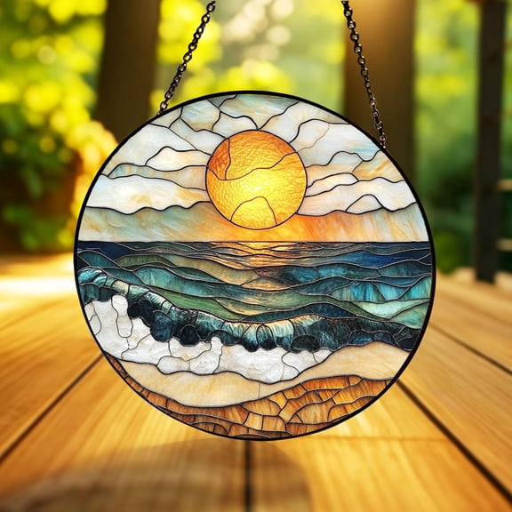 Beach Sunset Glass Suncatcher, Ocean Horizon Window Hanging, Summer Vibe Coastal Decor for Beach Lovers, 7.9 in