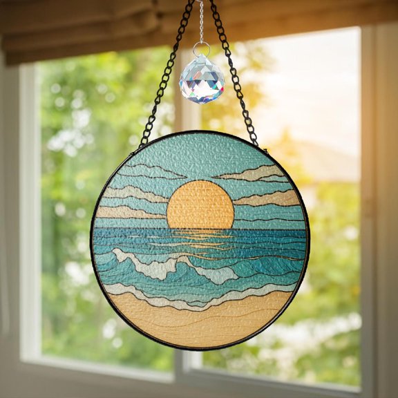 Beach Sunset Glass Suncatcher, Ocean Sunset Suncatcher, Beach Lover Home Decor, Beach Suncatcher, Summer Vibes Gift, Beach Window Hanging
