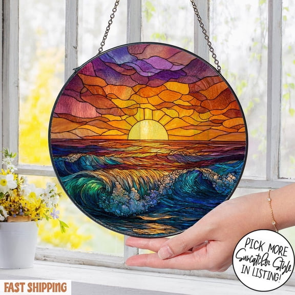 Beach Sunset Glass Suncatcher, Ocean Waves Coastal Sunrise Decor, 6.3 in