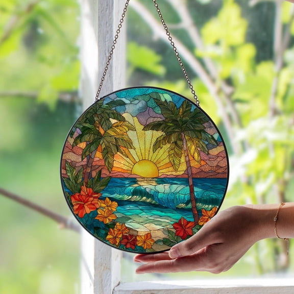 Beach Sunset Glass Suncatcher v3, Vibrant Tropical Ocean Decor, Nature Lover, 3.5 in