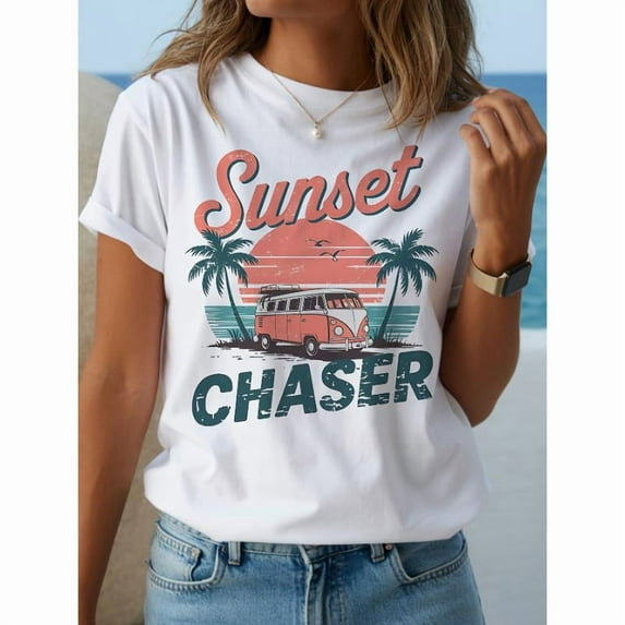 Beach Sunset Graphic Tee T-Shirt Retro Cotton Casual Short Sleeve Round Neck Vacation Apparel White S-5XL