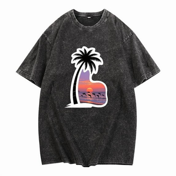 Beach Sunset Graphic Tee T-Shirt Retro Cotton Top Washed Casual Short Sleeve Crew Neck Summer Black S-2XL Plus Size