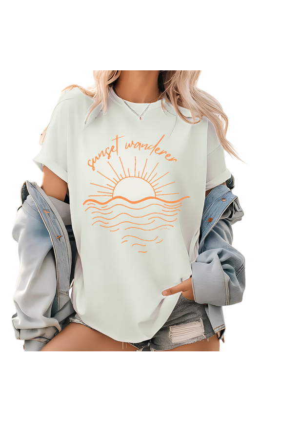 Beach Sunset Graphic Tee - Watercolor Palm Tree Design, Women's Boho Chic Summer Shirt