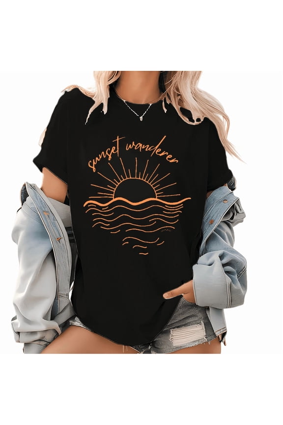 Trendy Beachy Sunset Graphic T Shirt Cute Summer Design Tees Short Sleeve Cotton Classy Cotton Graphic Tops Black,S