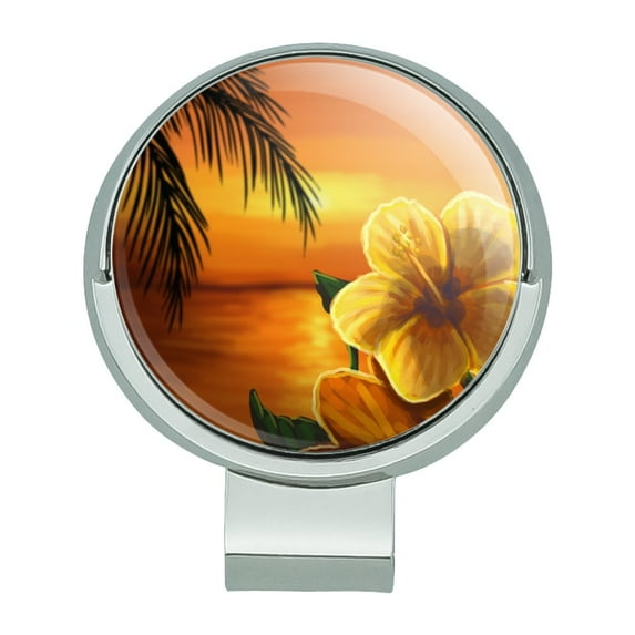 Beach Sunset Hibiscus Flower Hawaiian Golf Hat Clip With Magnetic Ball Marker