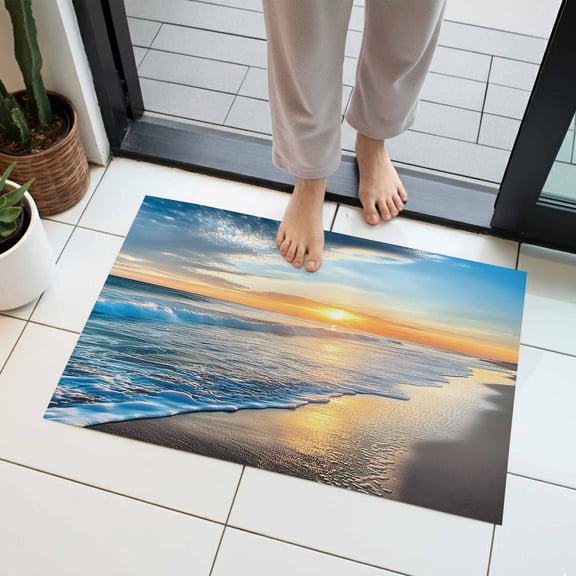 Beach Sunset Indoor Door Mat 20x31.5 Inch Ocean Spray Sea Romance Scenery Front Door Mat Non Slip Washable Entryway Rug Low Profile Dirt Trapper Doormat for Bathroom Kitchen Bedroom