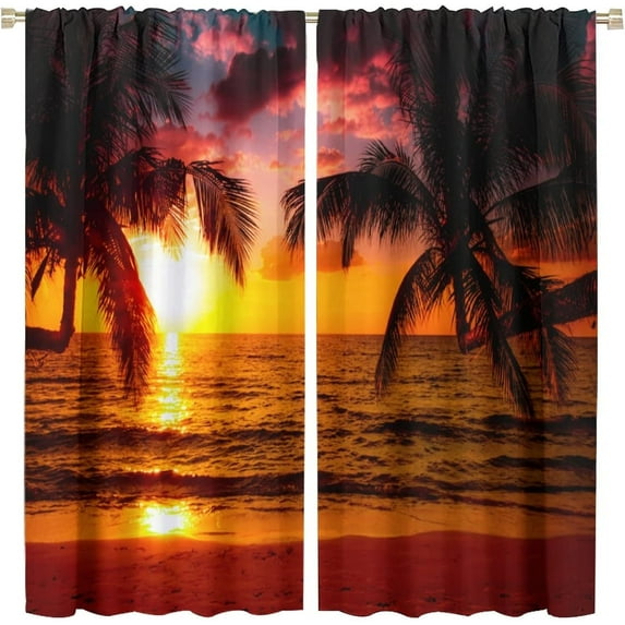 Beach Sunset Kitchen Curtains,Summer Ocean Theme Tropical Hawaii Orange Sunset Ocean Scenery Print Pattern Window Drapes,Palm Tree Dusk Sky Landscape Curtains for Bedroom Living Room 84x84in