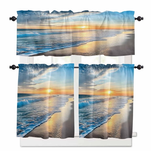 Beach Sunset Kitchen Curtains and Valances Set, Ocean Spray Sea Romance Scenery Rod Pocket Window Valance 18 Inch Window Curtain Panels for Living Room Bedroom Laundry, 27.5x36in, 3 Pieces