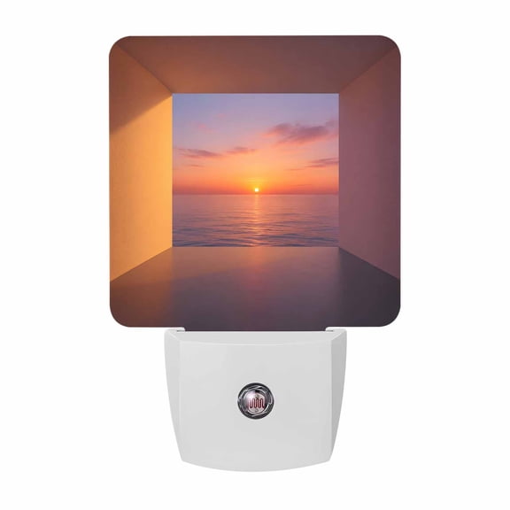 Beach Sunset Night Lights, Modern Minimalist Orange Sky Clouds Ocean Landscape Smart Auto Dusk to Dawn Sensor Nightlights Plug-in Nightlight for Bedroom Bathroom Living Room Kitchen Hallway