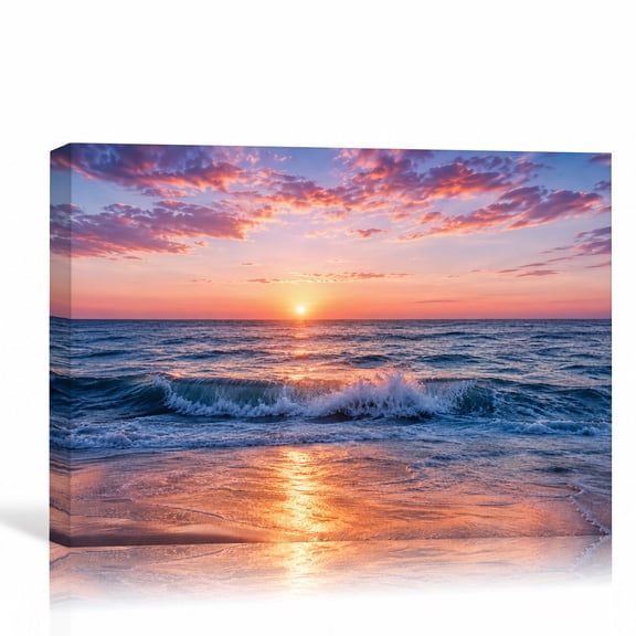 Beach Sunset Ocean Wave Canvas Wall Art Coastal Landscape Painting Gallery Wrapped Canvas Decor for Living Room Bedroom Home 24"L x 16"W