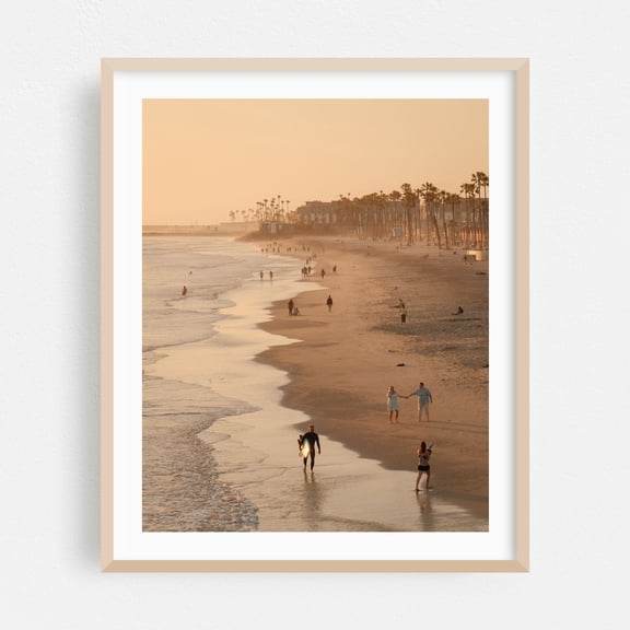 Beach at Sunset, Oceanside - Oceanside California Photography Beach Sunset Coast Palm Tree Surf Ocean Seaside Oak Framed Wall Art Print 18 x 24 inches