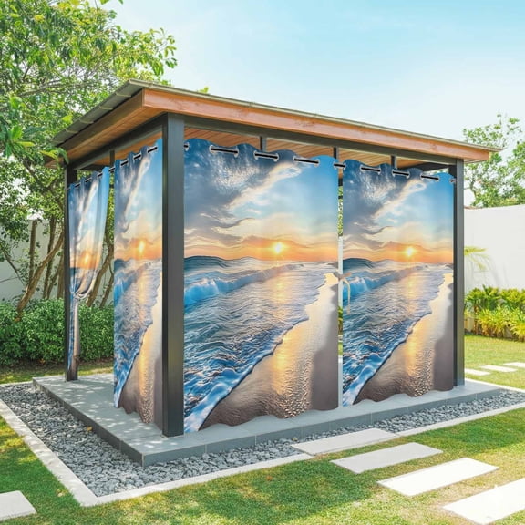 Beach Sunset Outdoor Curtains for Patio Waterproof, Ocean Spray Sea Romance Scenery Grommet Curtains for Porch Outside Privacy Drape for Gazebo Garden Pergola, 1 Panel, 54x84in