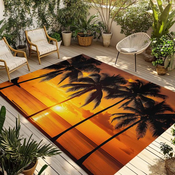 Beach Sunset Outdoor Rug 3x5 Ft - Reversible Patio Rug Outdoor Camping Rugs, Ocean Coconut Orange Coastline Landscape Washable Indoor Outdoor Area Rugs, Non-Slip Outdoor Carpet Runner for Deck/Porch
