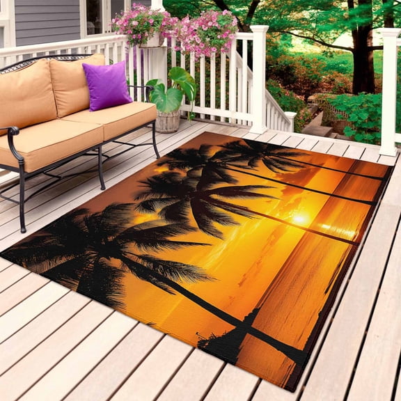 Beach Sunset Outdoor Rug for Patio/Deck/Porch, Non-Slip Large Area Rug 3 x 5 Ft, Ocean Coconut Orange Coastline Landscape Indoor Outdoor Rugs Washable Area Rugs, Reversible Camping Rug Carpet Runner