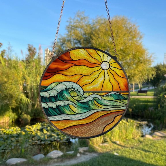 Beach Sunset Painted Glass Suncatcher, Window Hanging Decor, Outdoor Sun Catcher Decor, Beach House Decor, Coastal Art, Suncatcher Window Hanging, 3.5 in