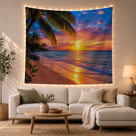Beach Sunset with Palm Trees and Ocean Waves, Serene Coastal Style for Beach Lovers, Island Wall Decor, Housewarming Gift, Tapestry Wall Hanging for Bedroom and Living Room