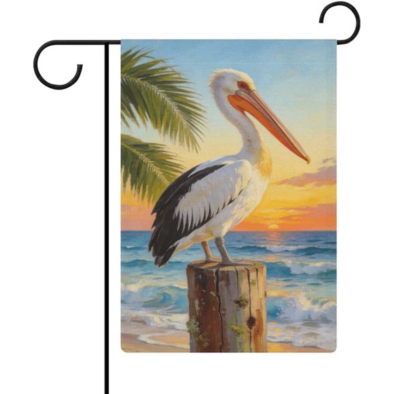 Beach Sunset Pelican on Wooden Post, Tropical Ocean & Palm Leaves Garden Flag 12 X 18 Inches, All-Season, Small Welcome Flag