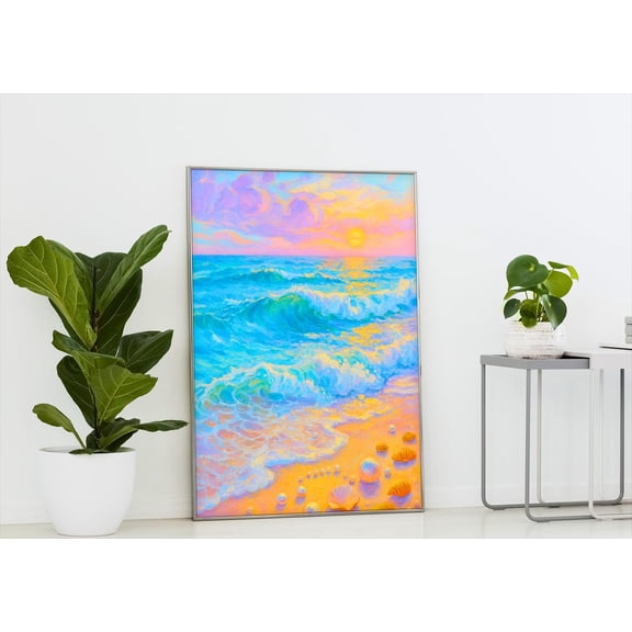 Beach Sunset Poster: Colorful Ocean Waves, Coastal Home Decor, Stretched Canvas Size 8x12