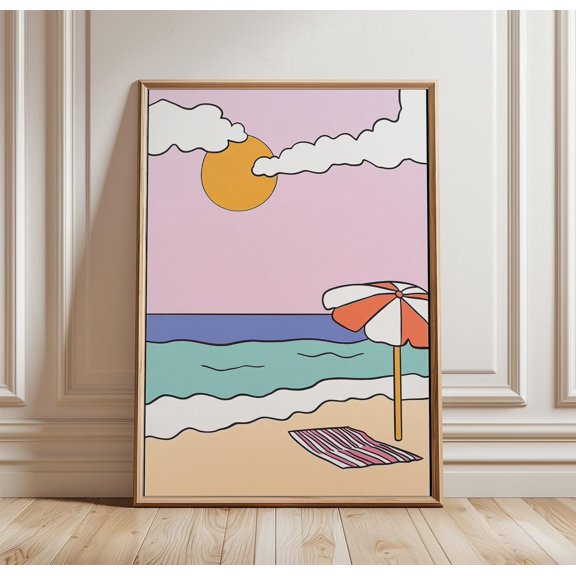 Beach Sunset Poster Minimal Seaside Line Art Pastel Ocean Wall Decor 1