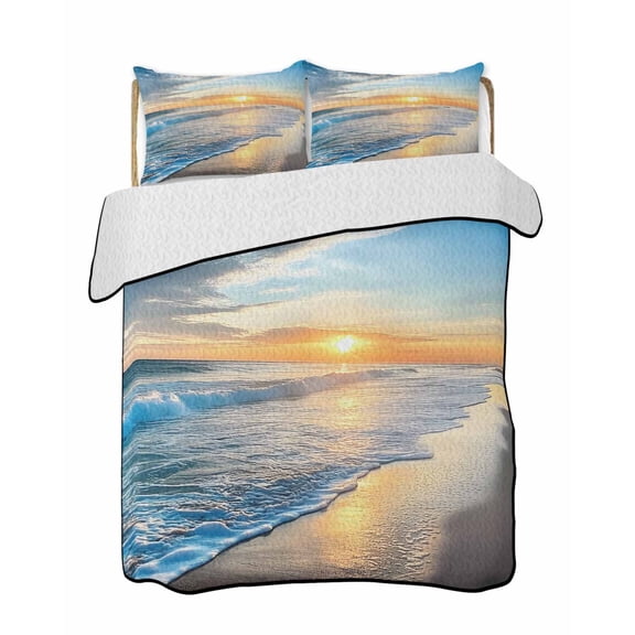 Beach Sunset Quilts Bedding Set Full Size Ocean Spray Lightweight Quilted Bedspread 3 Piece Bed Quilt with 2 Pillow Shams All Season for Bedroom 68" x 98"