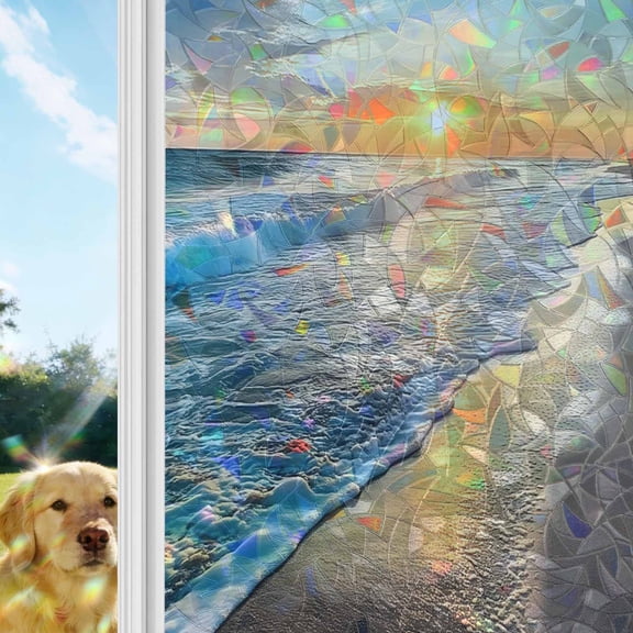 Beach Sunset Rainbow Window Privacy Film, Ocean Spray Sea Romance Scenery Stained Glass Window Film, Sun Blocking Glass Clings Static Cling Non Adhesive Door Stickers 29.5 x 118 Inches