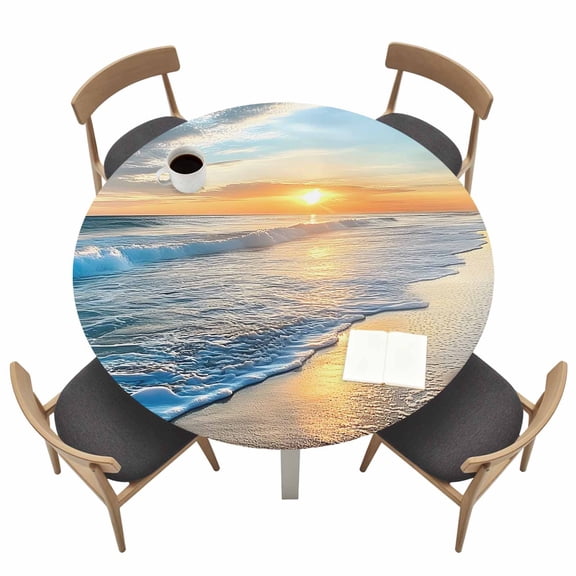 Beach Sunset Round Fitted Tablecloth Ocean Spray Waterproof Elastic Stretch Table Cover for 36"-44" Round Table, Oil Proof Tablecloth for Picnic Party Dinner