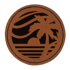 Beach Sunset Scene Tropical Ocean 2.5" Faux Leather Round Engraved Iron-On Patch - Brown