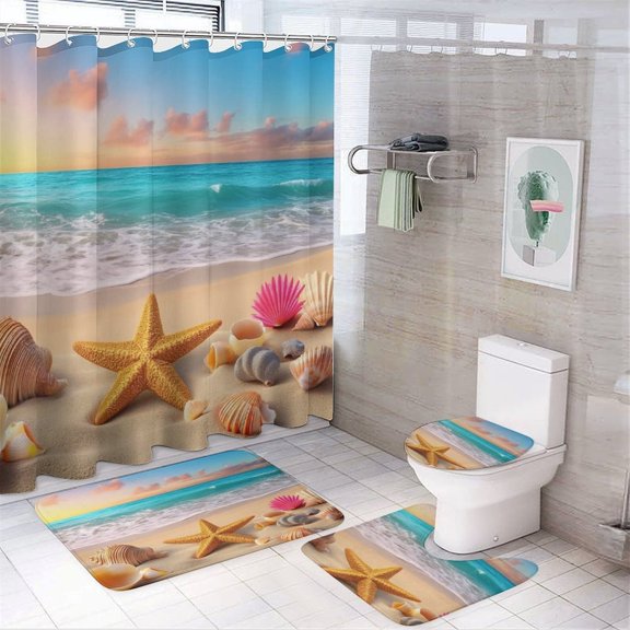 Beach Sunset Seashells Starfish Shower Curtain Bathroom Sets Toilet Lid Rug, Bath Mat And Contour Mat, Shower Curtain 4Pcs