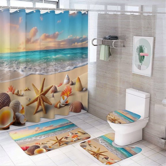 Beach Sunset Seashells Starfish Shower Curtain Sets Non-Slip Rugs Bath Mat Toilet Cover U Shaped Mat 4 Pcs