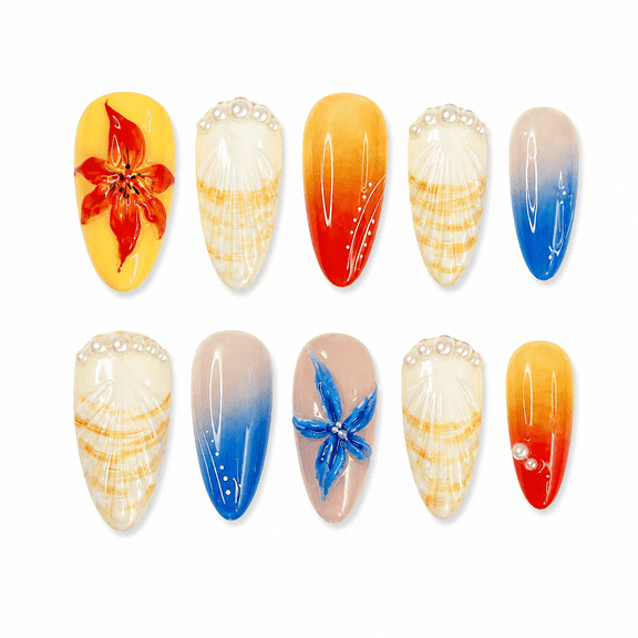 Beach Sunset Shell Floral Press on Nails, Medium Almond Glossy False Nails with Raised Detail, 24 Count