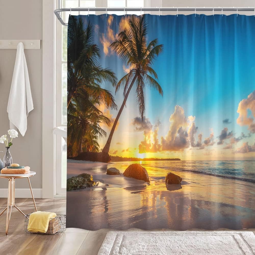 Beach Sunset Shower Curtain Blue Yellow Ocean Sea Seaside Coastal