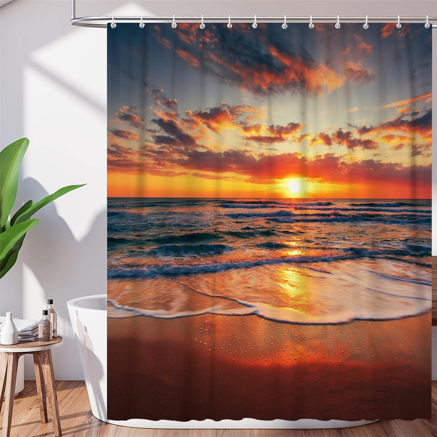 Beach Sunset Shower Curtain, Hawaii Seashore Ocean Waves Sunrise