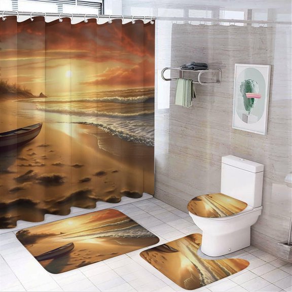 Beach Sunset Shower Curtain Set with Rugs Toilet Lid Cover Bath Mat Ocean Waves Boat Scenery 3D Print Waterproof Bathroom Decor 4 Piece Set