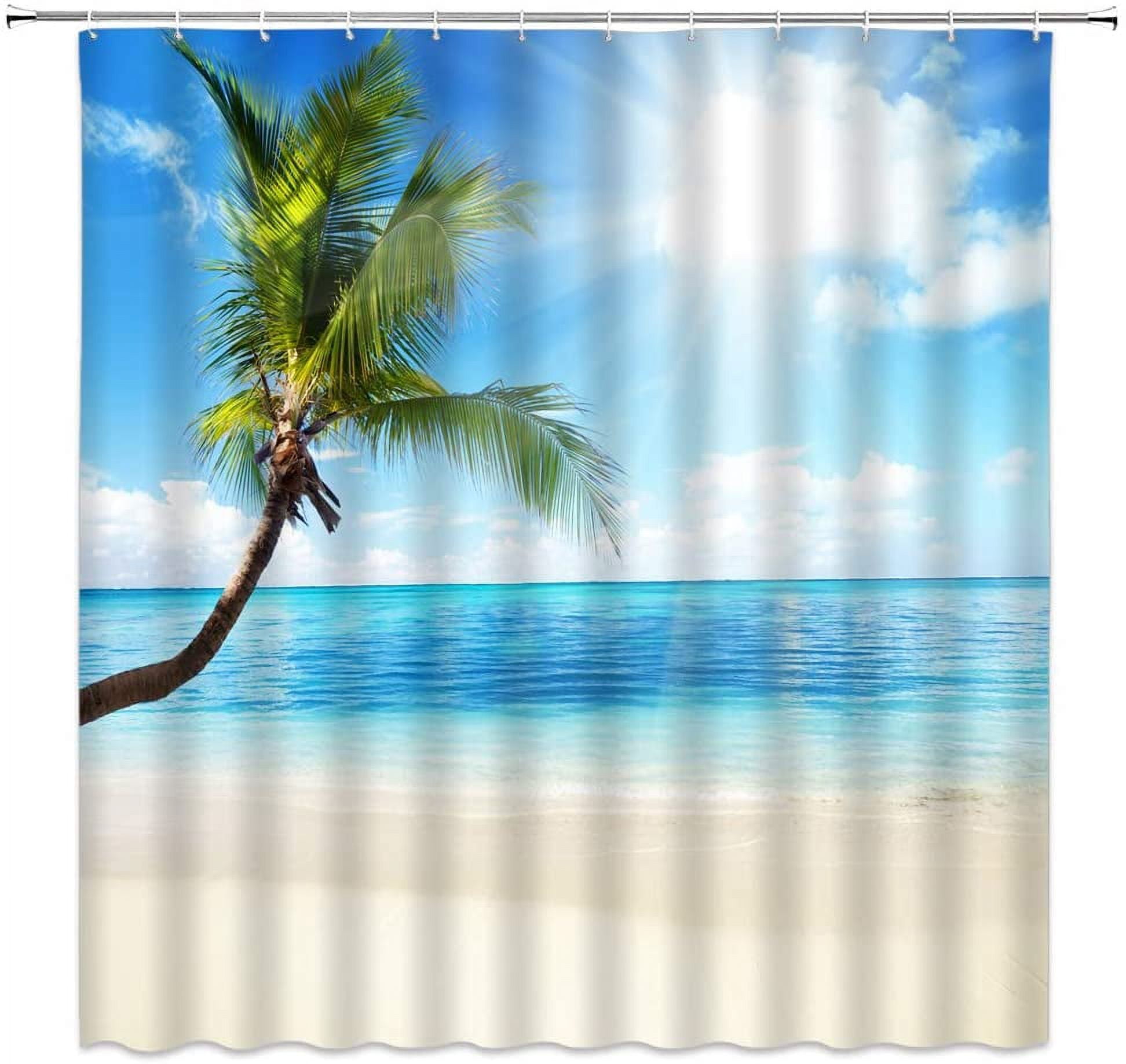 Beach Sunset Shower Curtain Tropical Hawaii Coastal Palm Tree Wave