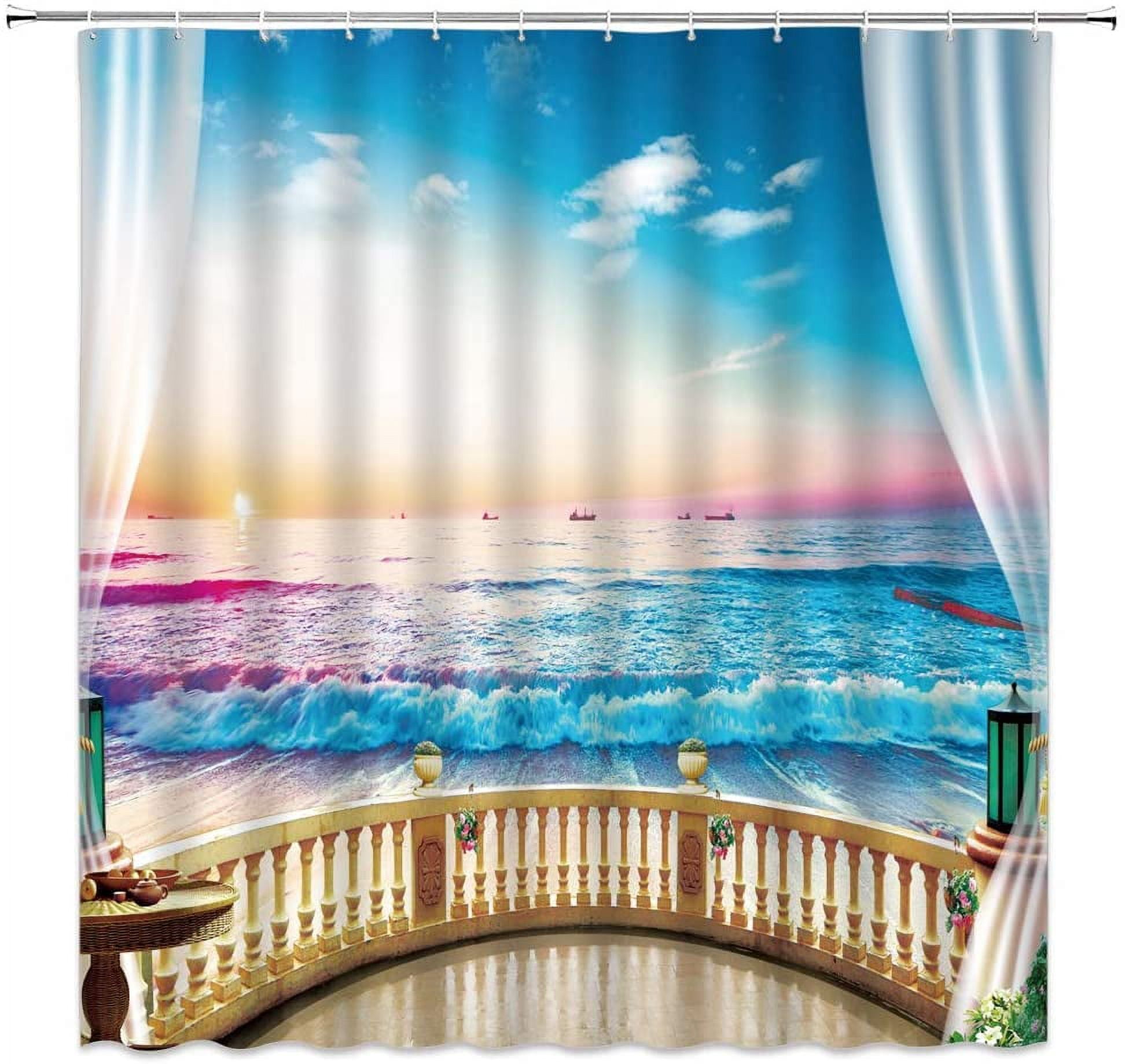 Beach Sunset Shower Curtain Tropical Hawaii Coastal Palm Tree Wave