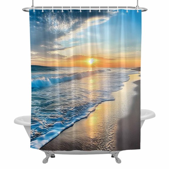 Beach Sunset Shower Curtain for Bathroom, Ocean Spray Waterproof Cloth Fabric Bathroom Accessories Set with 12 Rust Proof Plastic Hooks, 60"x72"