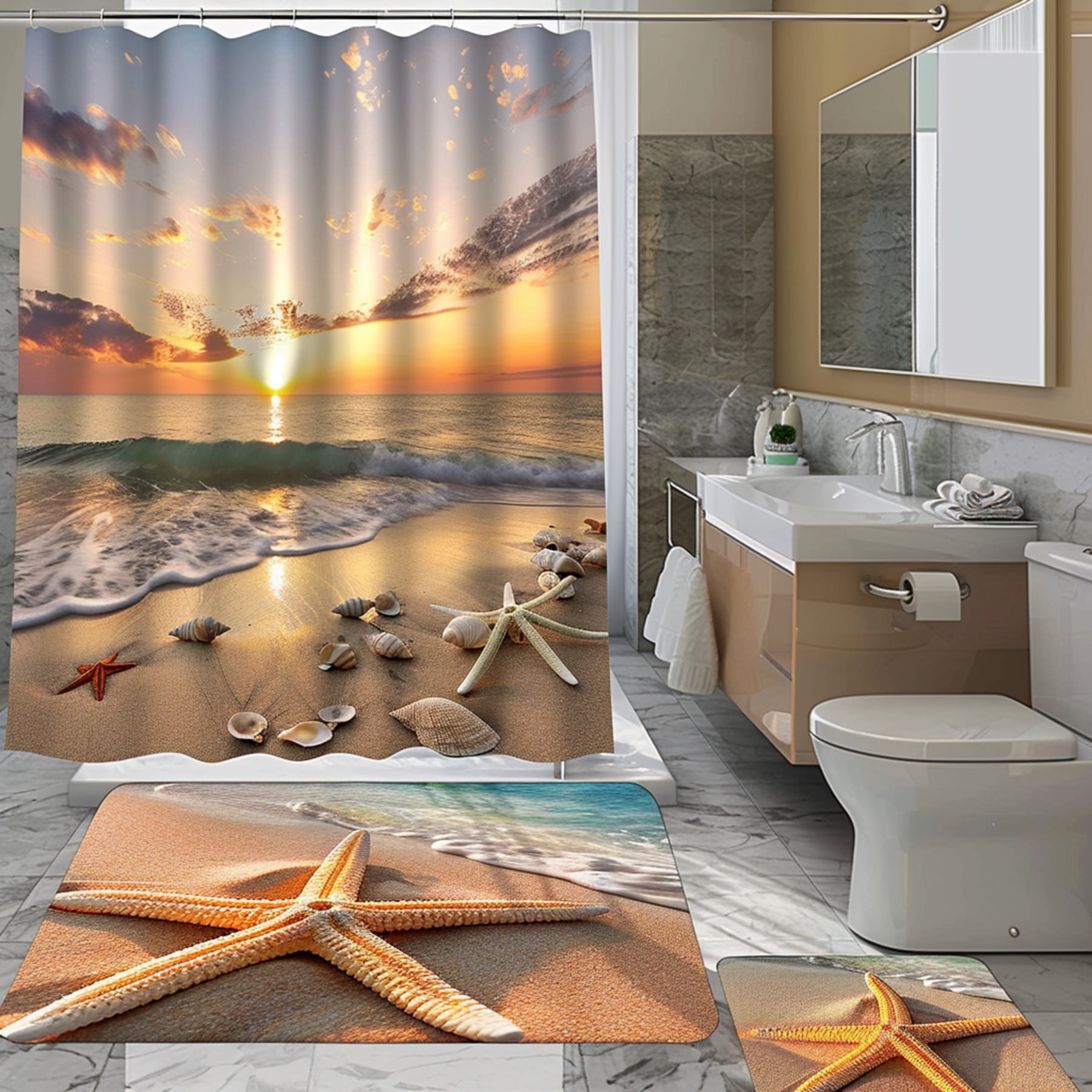 Beach Sunset Shower Curtain with Starfish and Shells Photo Realistic