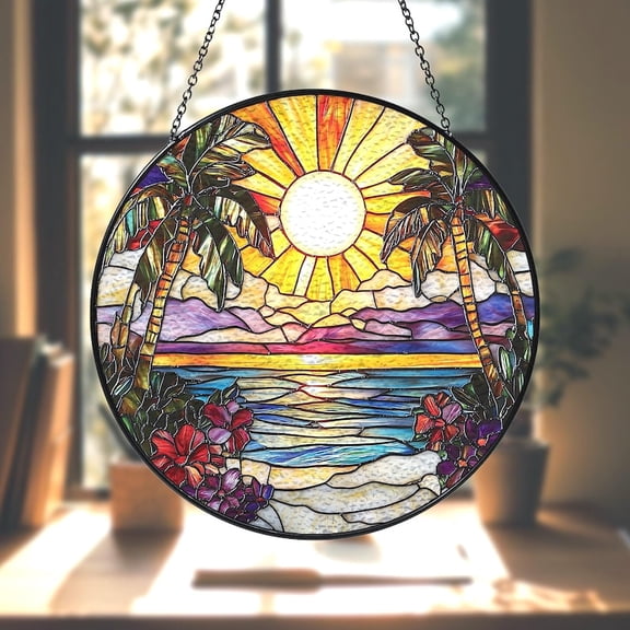 Beach Sunset Stained Glass, Beach Sunset Suncatcher, Beach Glass Window Hangings, Beach Lover Home Decor, Beach Sunrise Suncatcher, Sea Art