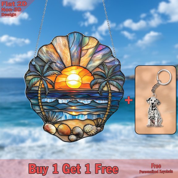 Beach Sunset Stained Glass Effect Acrylic Window Hanging – Coastal Sun Catcher with Palm Trees & Seashells – Tropical Home Decor – Perfect Gift for Ocean & Nature Lovers
