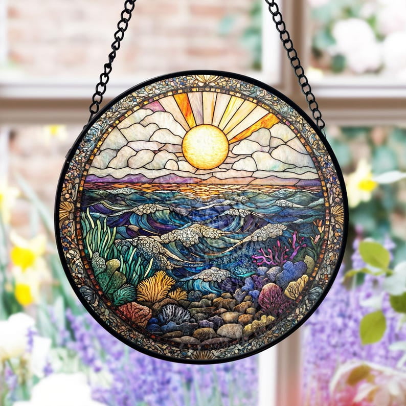 Beach Sunset Stained Glass, Ocean Waves Suncatcher, Coastal Window ...